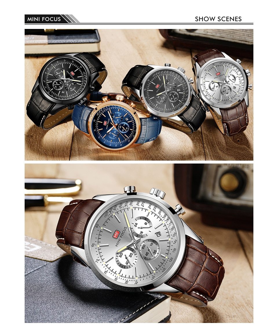 Men's Quartz Military Watch with leather strap and auto date display, showcasing a round stainless steel case and luminous hands.