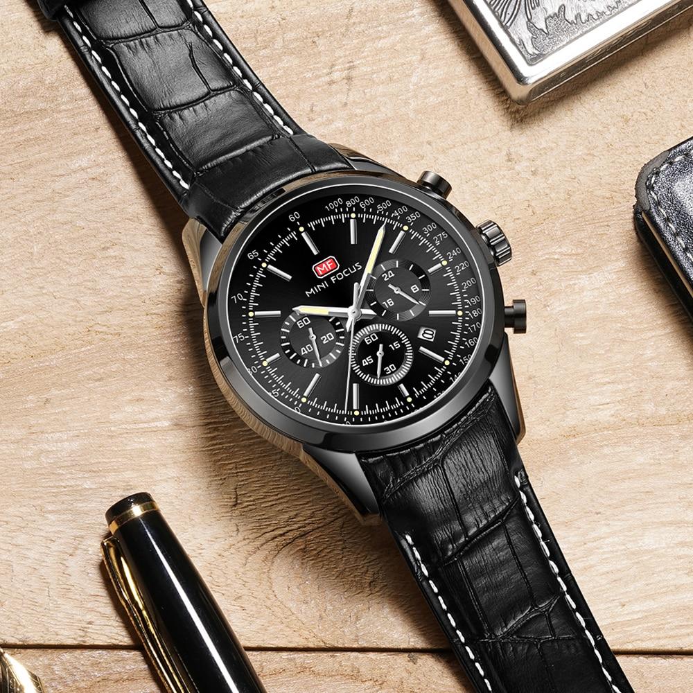 Men's Quartz Military Watch with leather strap and auto date display, showcasing a round stainless steel case and luminous hands.