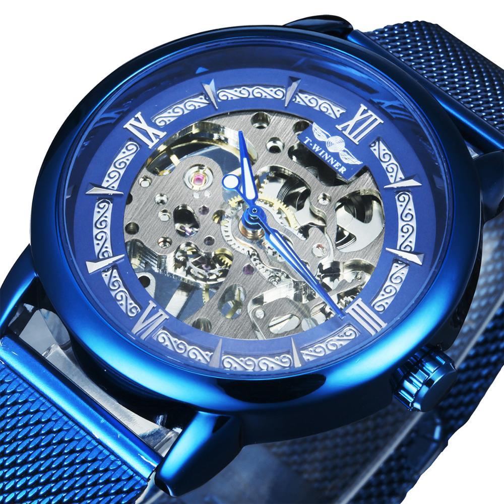 T-WINNER Men's Skeleton Mechanical Watch with ultra-thin stainless steel mesh strap, showcasing intricate mechanical movement.