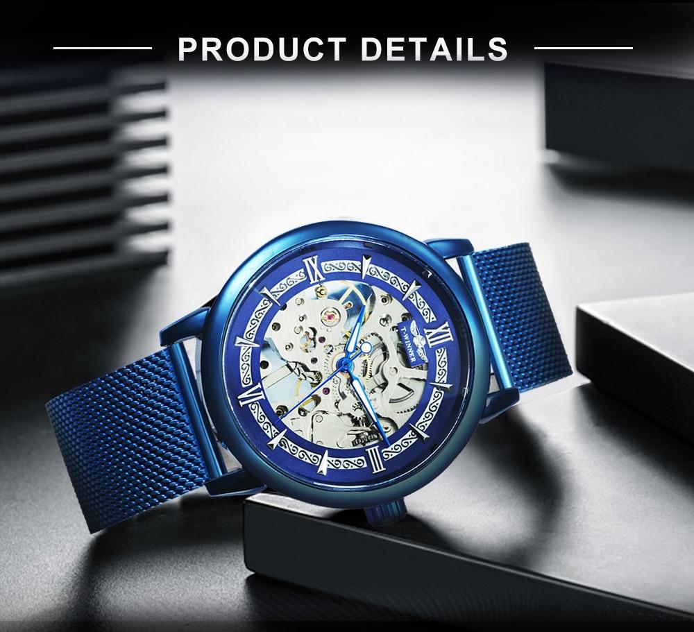 T-WINNER Men's Skeleton Mechanical Watch with ultra-thin stainless steel mesh strap, showcasing intricate mechanical movement.