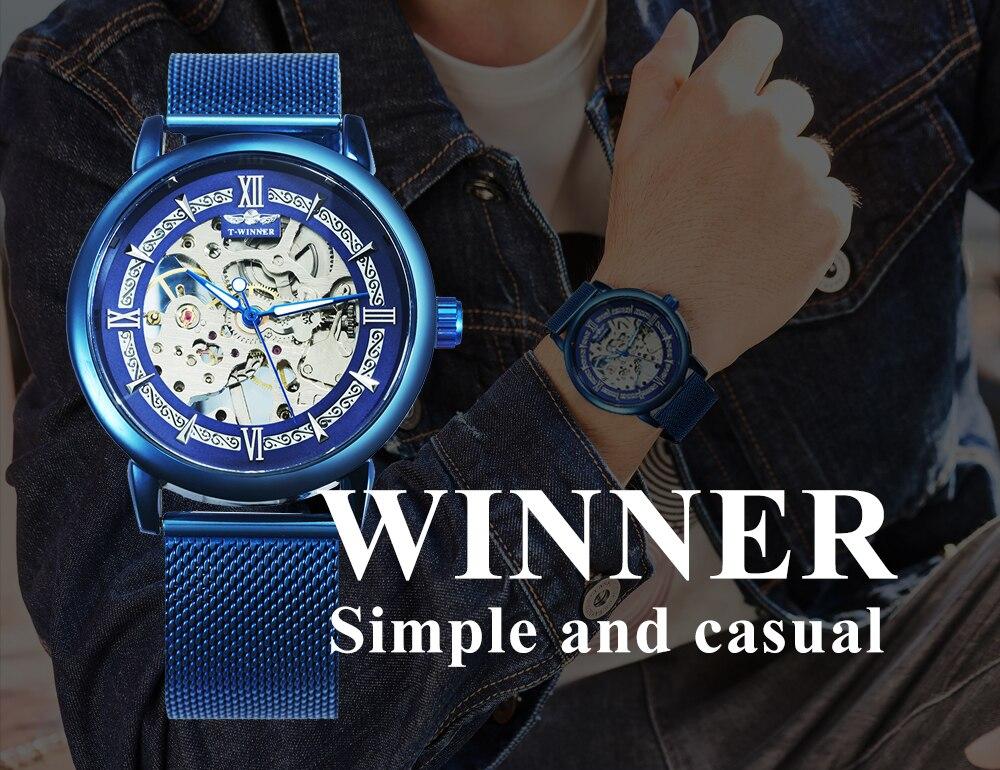 T-WINNER Men's Skeleton Mechanical Watch with ultra-thin stainless steel mesh strap, showcasing intricate mechanical movement.