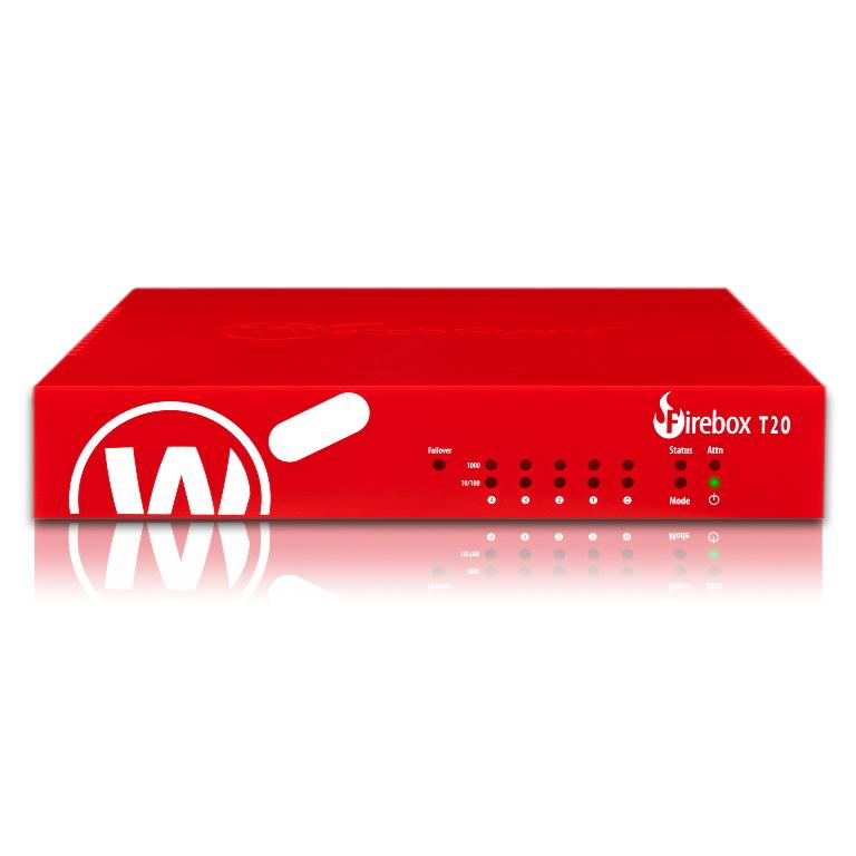 WATCHGUARD Firebox T20 firewall appliance designed for small offices, showcasing its compact size and robust security features.