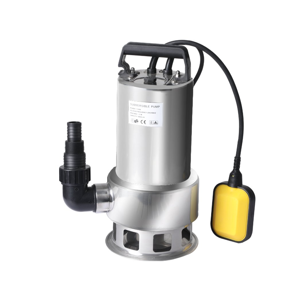 Submersible water pump made of stainless steel with adjustable float switch and multiple outlet fittings for efficient water management.