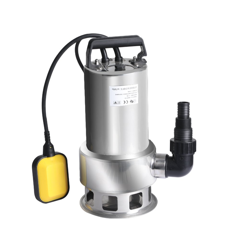 Submersible water pump made of stainless steel with adjustable float switch and multiple outlet fittings for efficient water management.