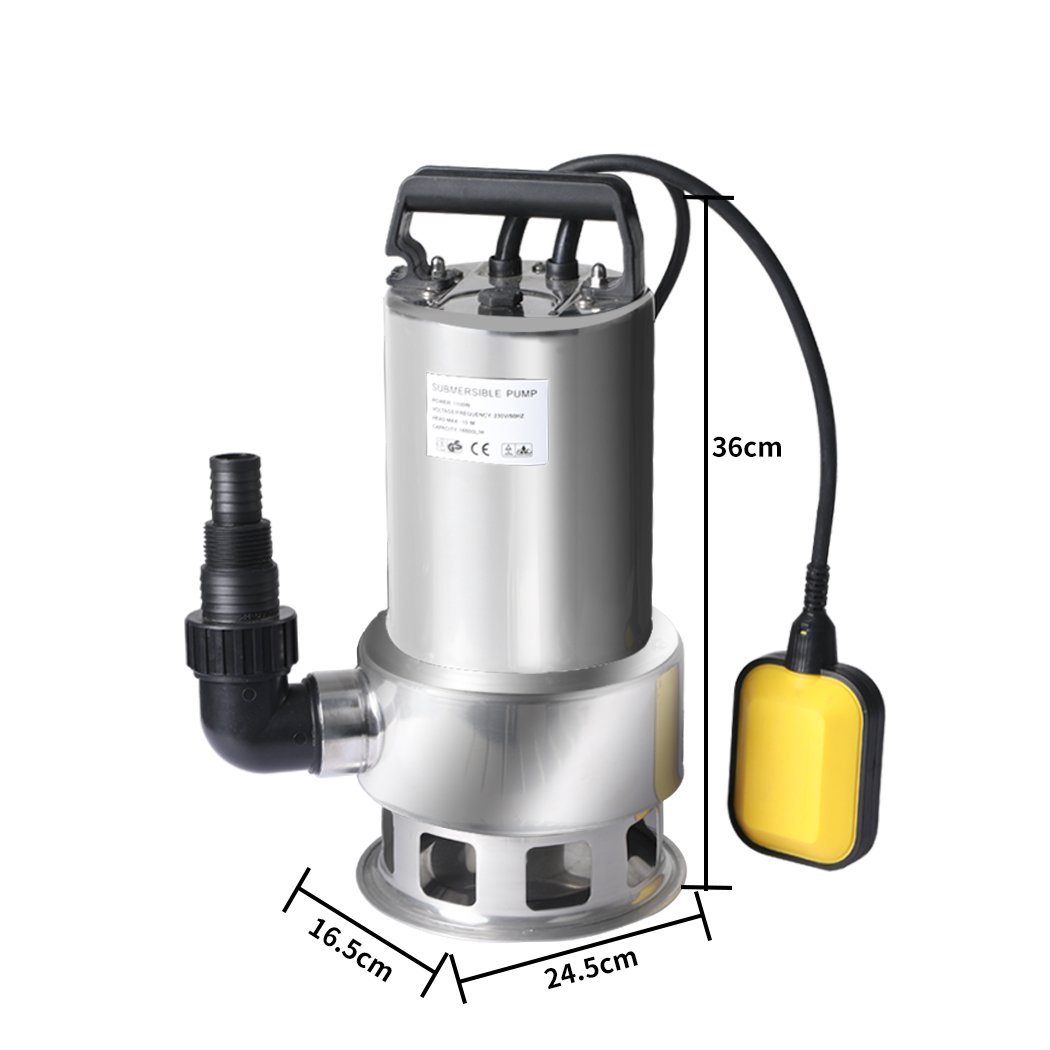 Submersible water pump made of stainless steel with adjustable float switch and multiple outlet fittings for efficient water management.