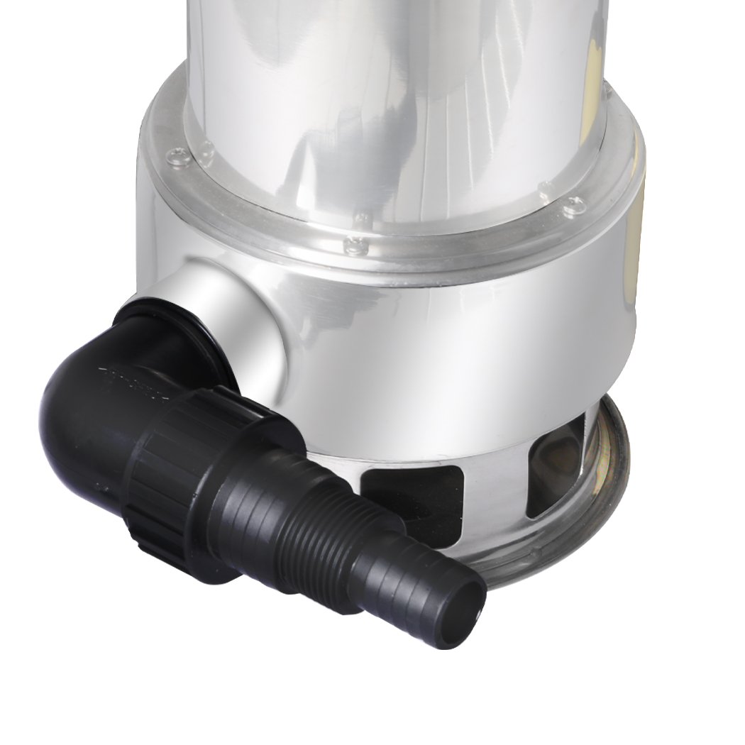 Submersible water pump made of stainless steel with adjustable float switch and multiple outlet fittings for efficient water management.