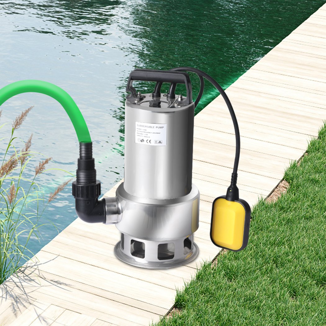 Submersible water pump made of stainless steel with adjustable float switch and multiple outlet fittings for efficient water management.