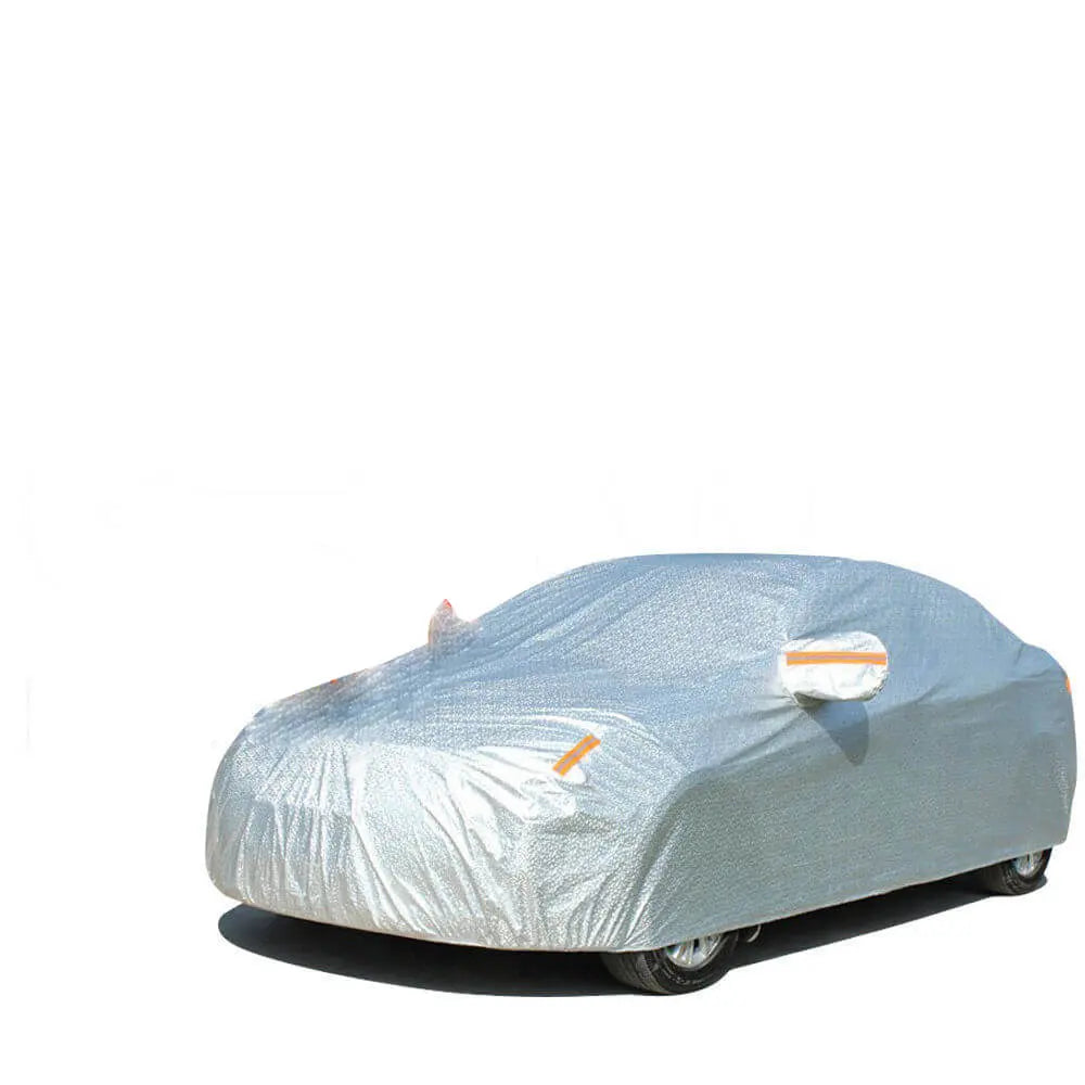 Waterproof adjustable large car cover designed for SUVs, featuring reflective strips and anti-theft lock.