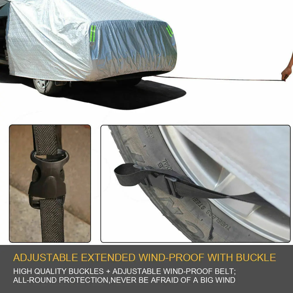 Waterproof adjustable large car cover designed for SUVs, featuring reflective strips and anti-theft lock.