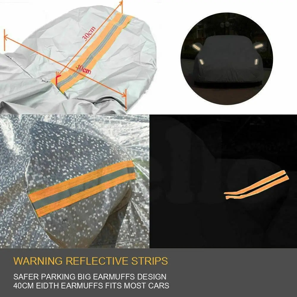 Waterproof adjustable large car cover designed for SUVs, featuring reflective strips and anti-theft lock.