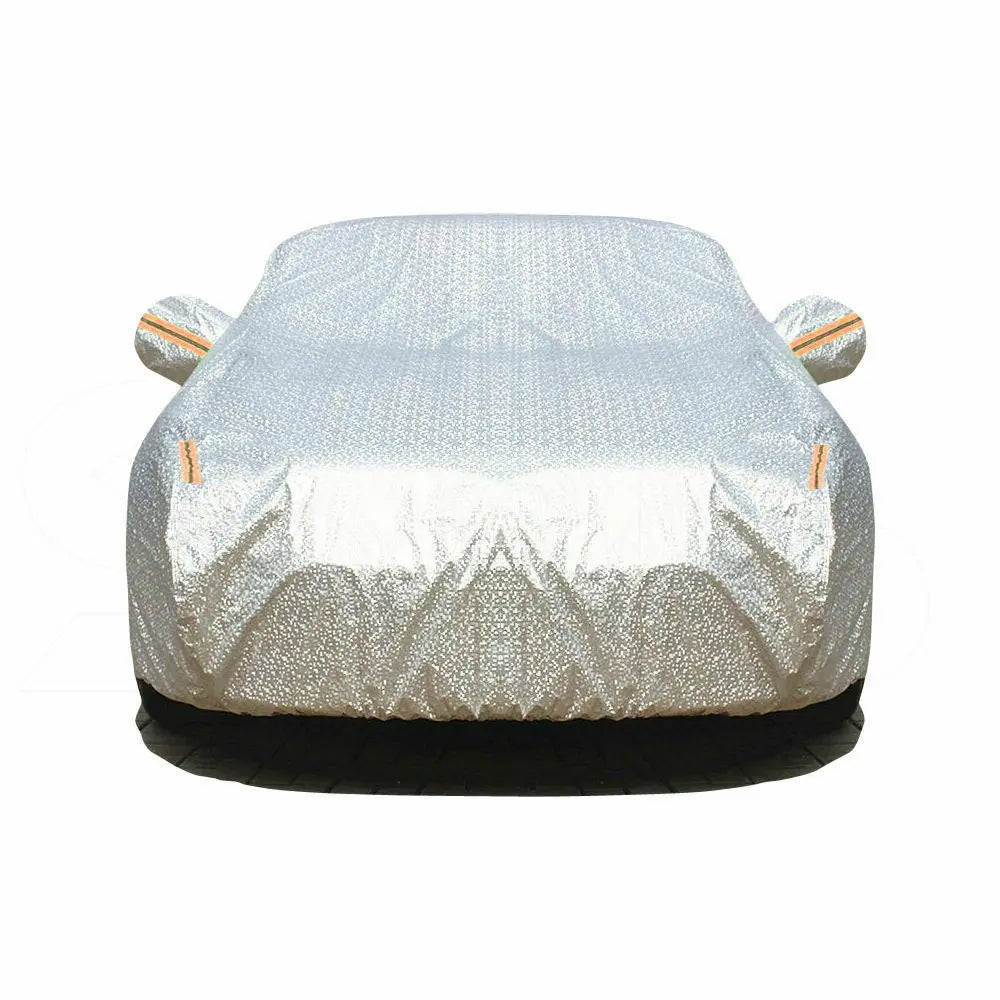 Waterproof adjustable large car cover designed for SUVs, featuring reflective strips and anti-theft lock.