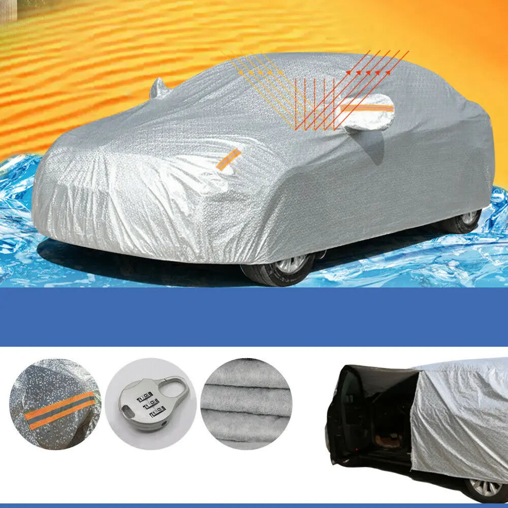 Waterproof adjustable large car cover designed for SUVs, featuring reflective strips and anti-theft lock.