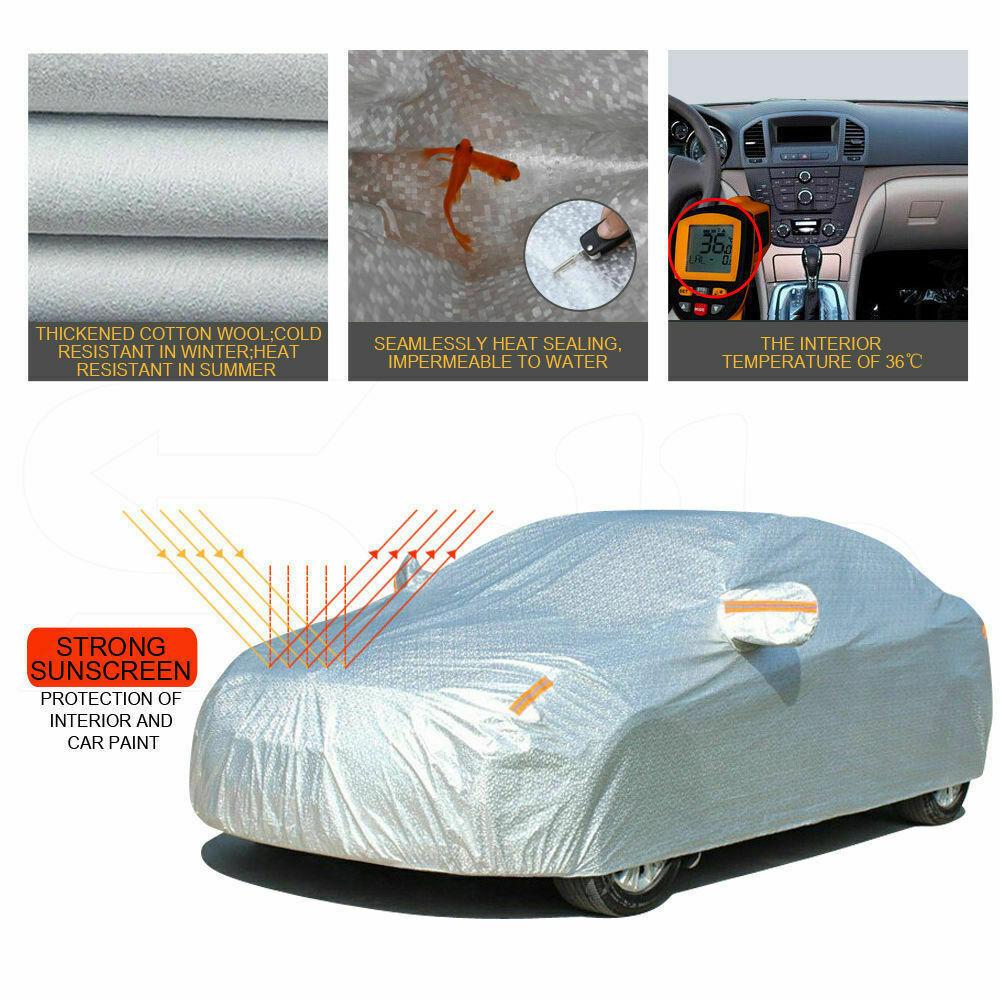 Waterproof adjustable large car cover designed for SUVs, featuring reflective strips and anti-theft lock.