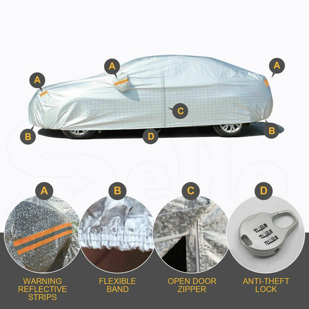 Waterproof adjustable large car cover designed for SUVs, featuring reflective strips and anti-theft lock.