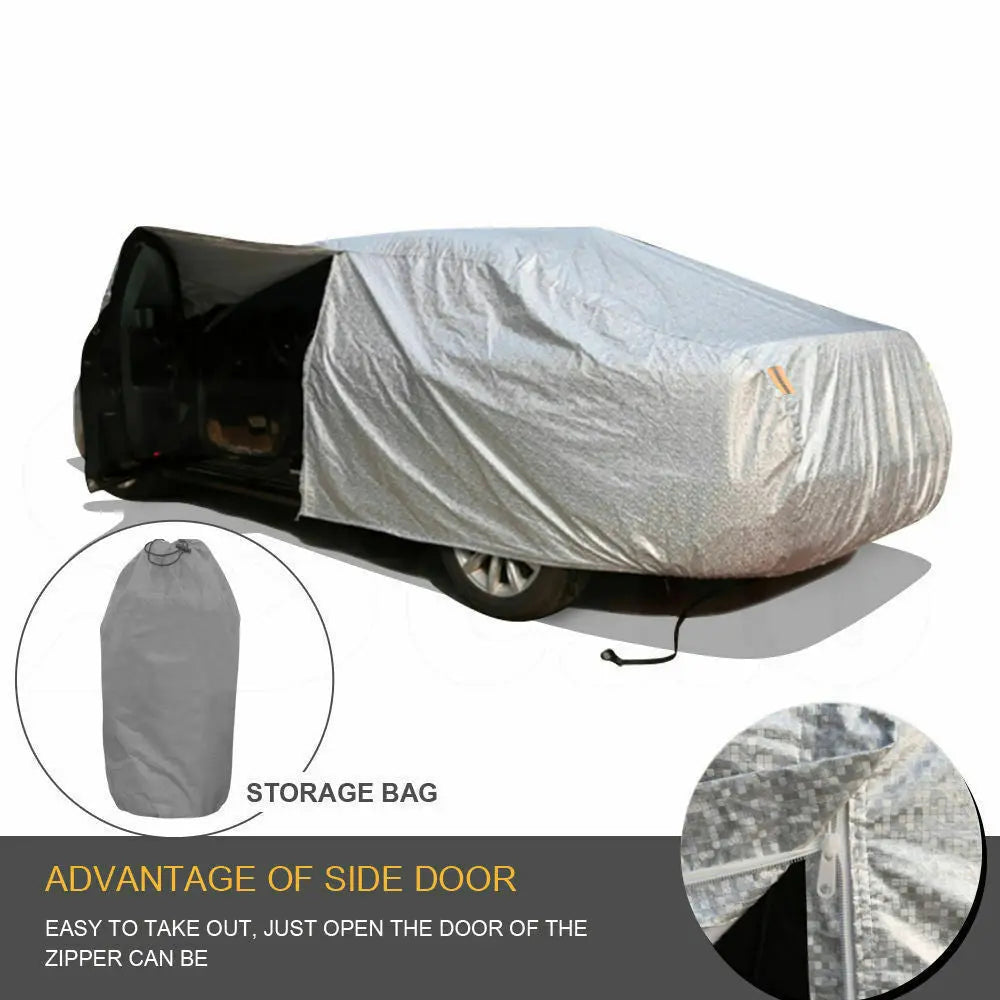 Waterproof adjustable large car cover designed for SUVs, featuring reflective strips and anti-theft lock.