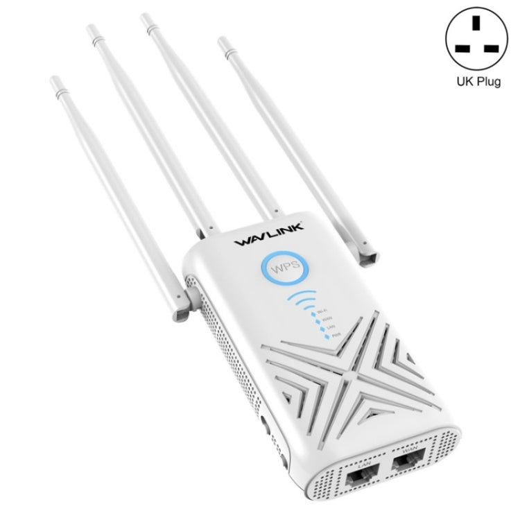 WAVLINK WN579X3 AC1200 Wireless Router with 5dBi antennas, showcasing its sleek design and multiple connectivity options.