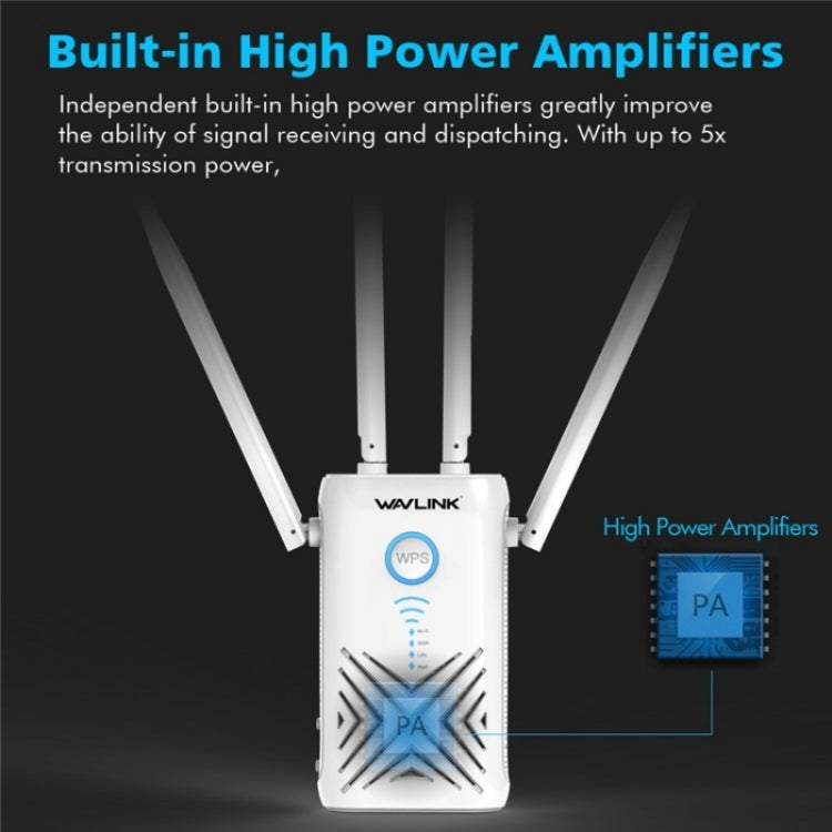 WAVLINK WN579X3 AC1200 Wireless Router with 5dBi antennas, showcasing its sleek design and multiple connectivity options.