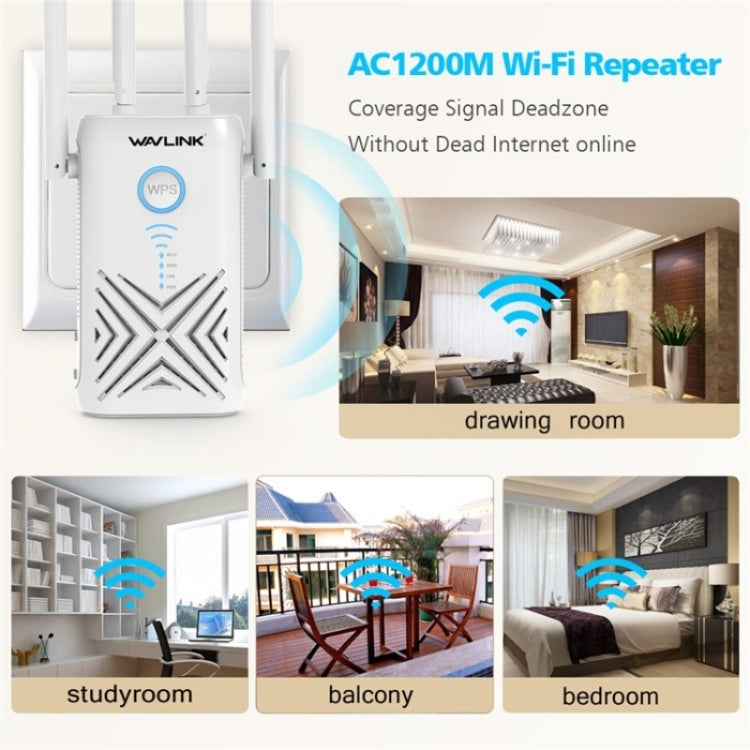 WAVLINK WN579X3 AC1200 Wireless Router with 5dBi antennas, showcasing its sleek design and multiple connectivity options.