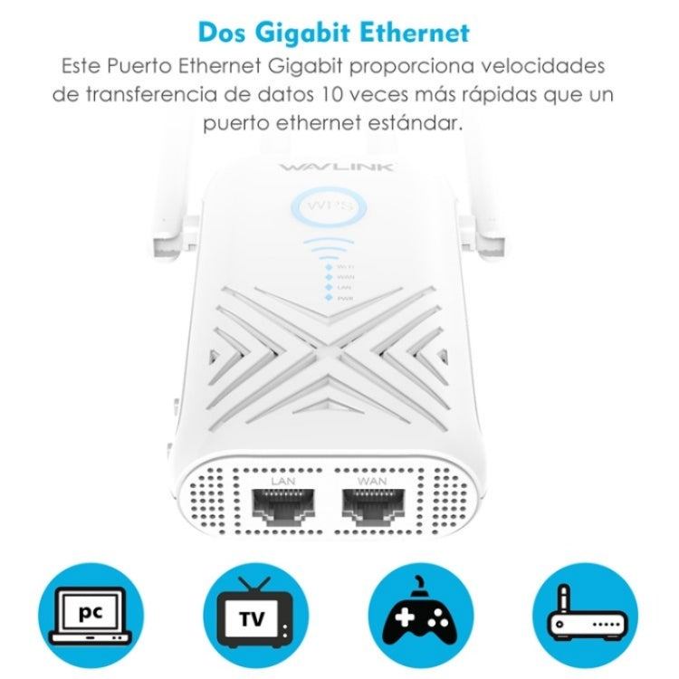 WAVLINK WN579X3 AC1200 Wireless Router with 5dBi antennas, showcasing its sleek design and multiple connectivity options.