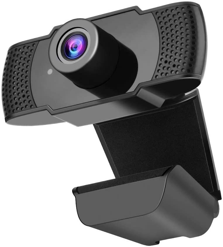 Webcam HD 1080p with built-in microphone, designed for PCs and laptops, showcasing its compact size and high-quality lens.