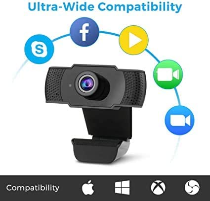 Webcam HD 1080p with built-in microphone, designed for PCs and laptops, showcasing its compact size and high-quality lens.