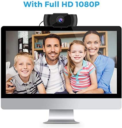 Webcam HD 1080p with built-in microphone, designed for PCs and laptops, showcasing its compact size and high-quality lens.