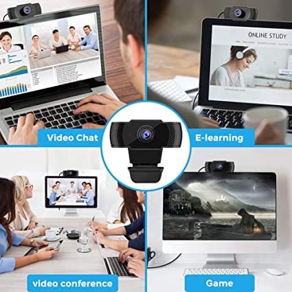 Webcam HD 1080p with built-in microphone, designed for PCs and laptops, showcasing its compact size and high-quality lens.