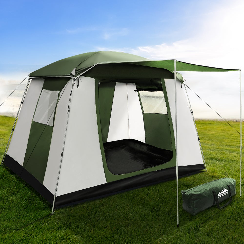 Green and white camping tent