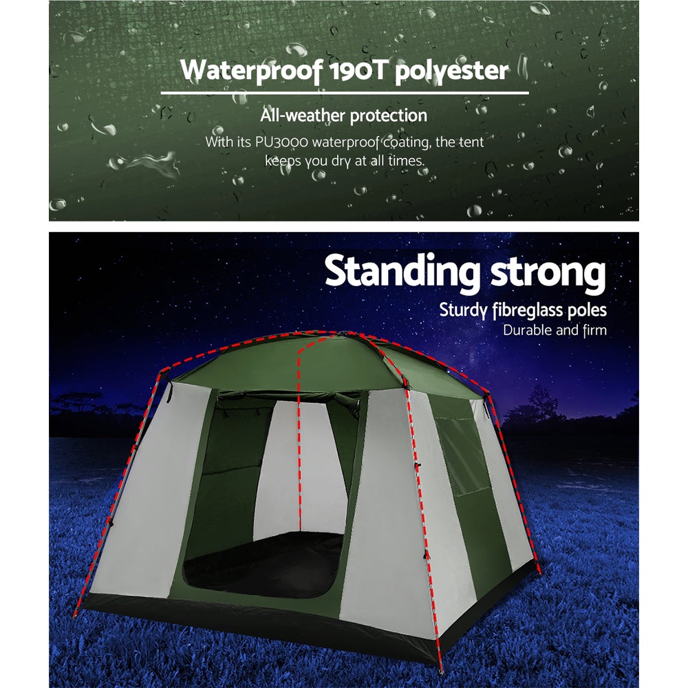 Waterproof tent with fiberglass poles.