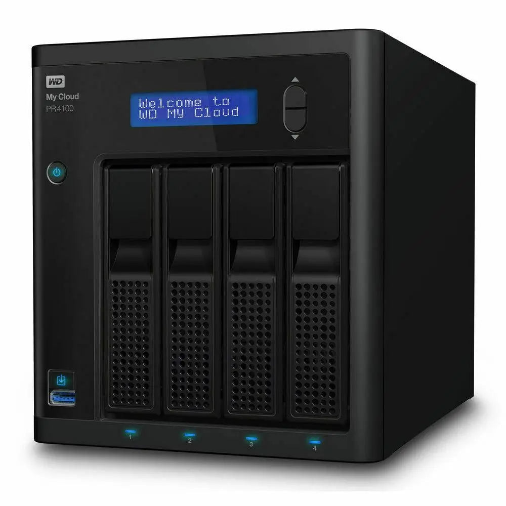 Western Digital My Cloud Pro PR4100 NAS device with multiple connectivity options and compact design.