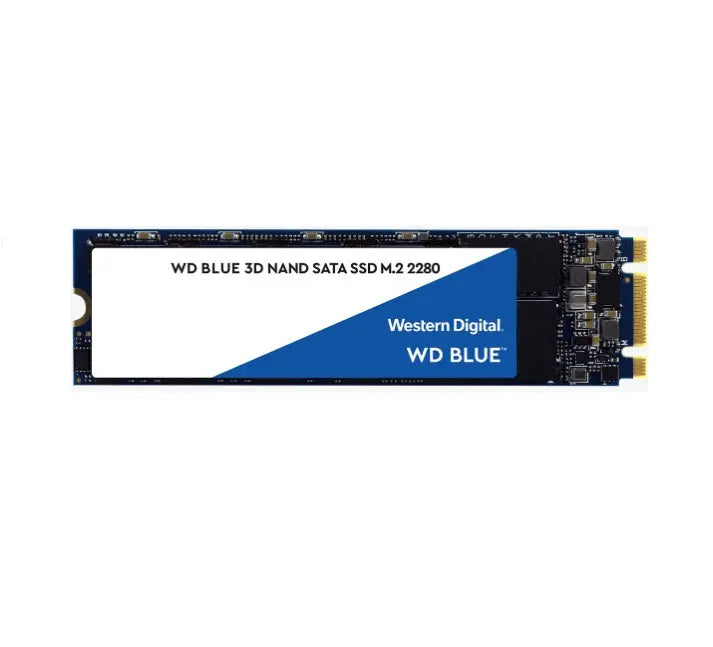 Western Digital WD Blue 500GB M.2 SATA SSD with sleek design and performance specifications.