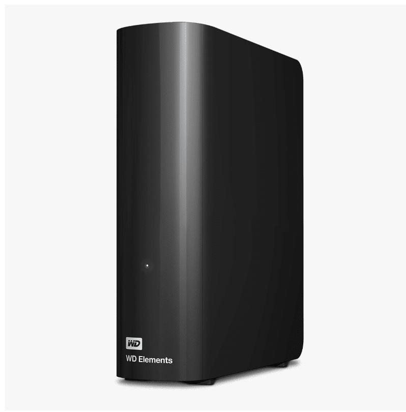 Western Digital WD Elements 3TB USB 3.0 External Hard Drive in black, showcasing its compact design and USB connectivity.