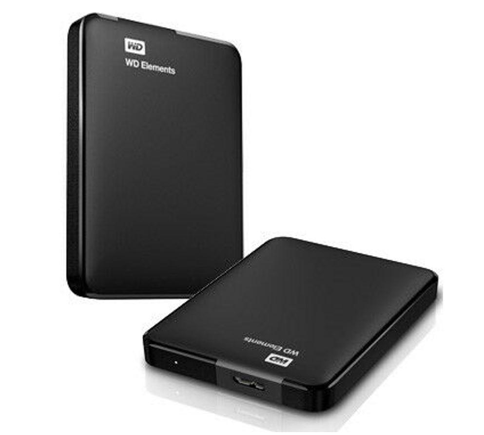 Western Digital WD Elements Portable 4TB External Hard Drive in black, showcasing its compact design and USB 3.0 connectivity.