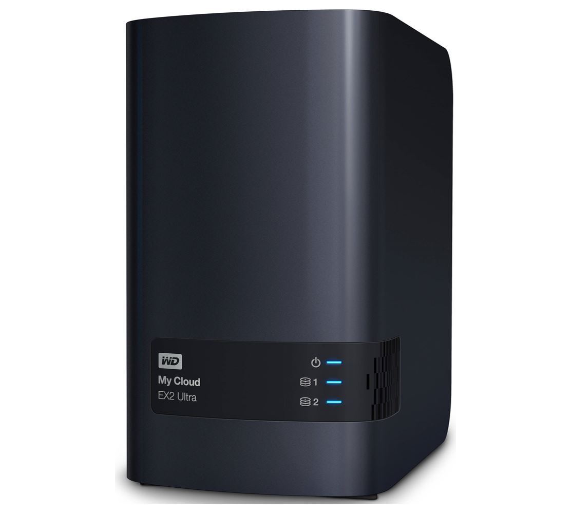 Western Digital WD My Cloud EX2 Ultra 12TB NAS device with dual-bay design and sleek finish.