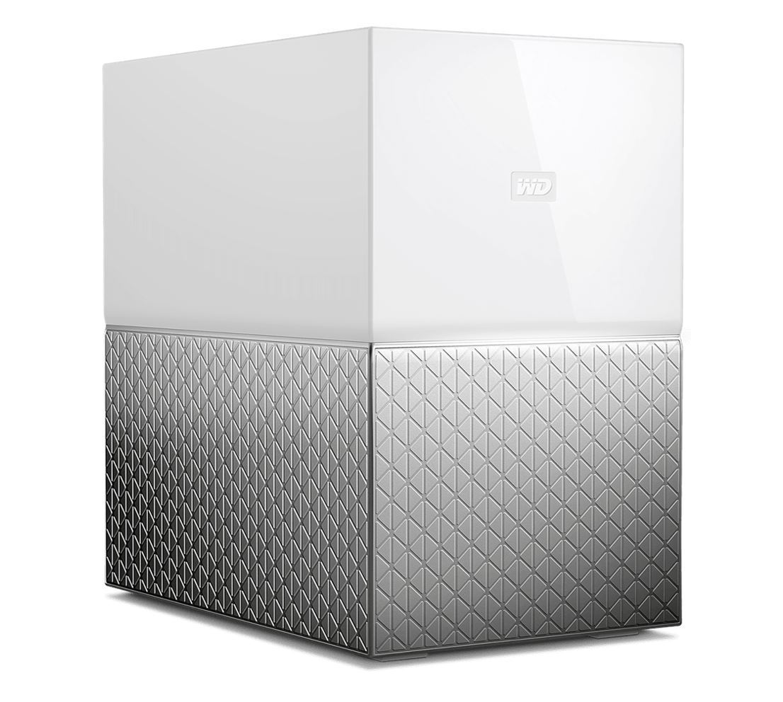 Western Digital WD My Cloud Home Duo 12TB NAS with dual-drive setup, featuring USB ports and a sleek design for home storage.