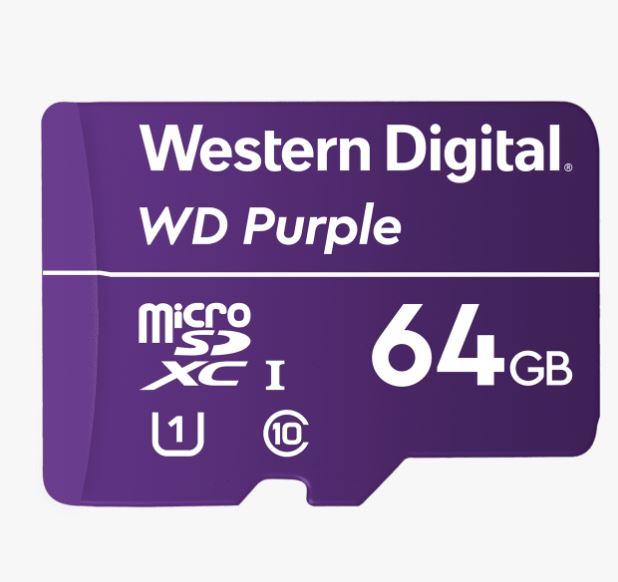 Western Digital WD Purple 64GB MicroSDXC Card designed for surveillance cameras, showcasing its durable and weather-resistant features.