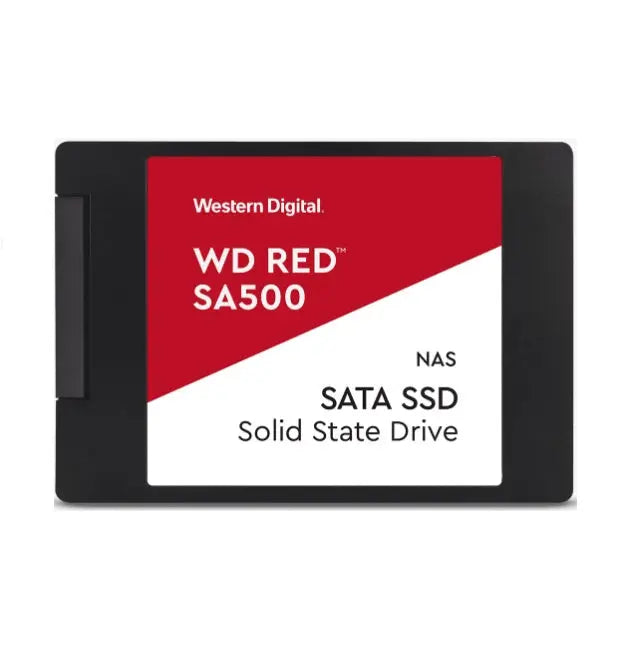 Western Digital WD Red SA500 500GB 2.5' SATA NAS SSD, showcasing its sleek design and compact size, ideal for NAS systems.