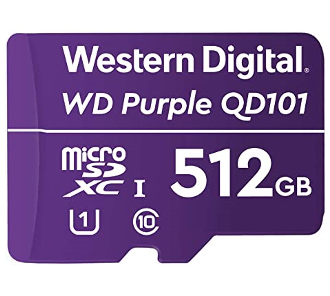 Western Digital WD Purple 512GB MicroSDXC Card designed for 24/7 video surveillance, showcasing its robust and weather-resistant features.