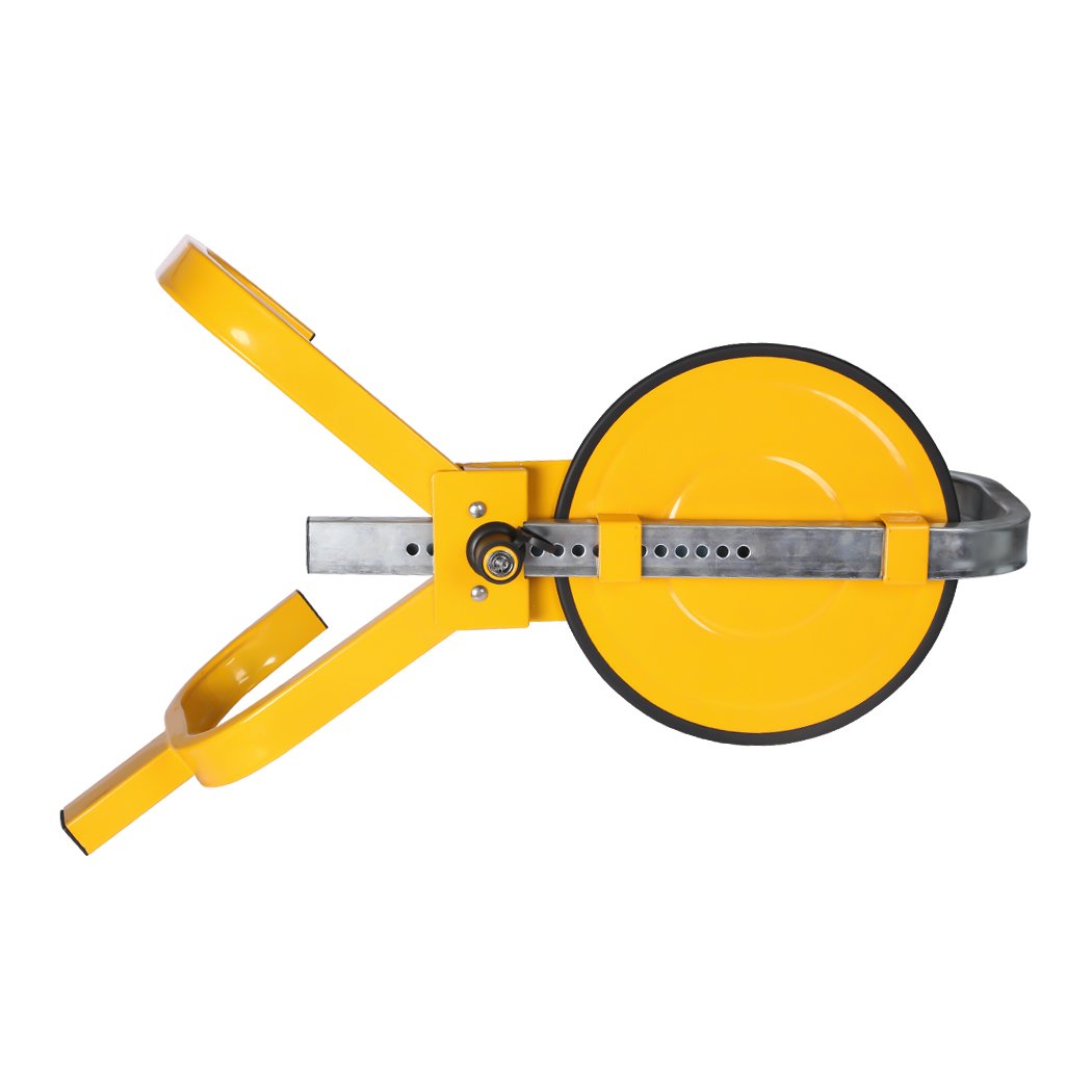 Heavy-duty yellow wheel lock clamp designed for vehicle security, featuring an adjustable locking system and two keys.