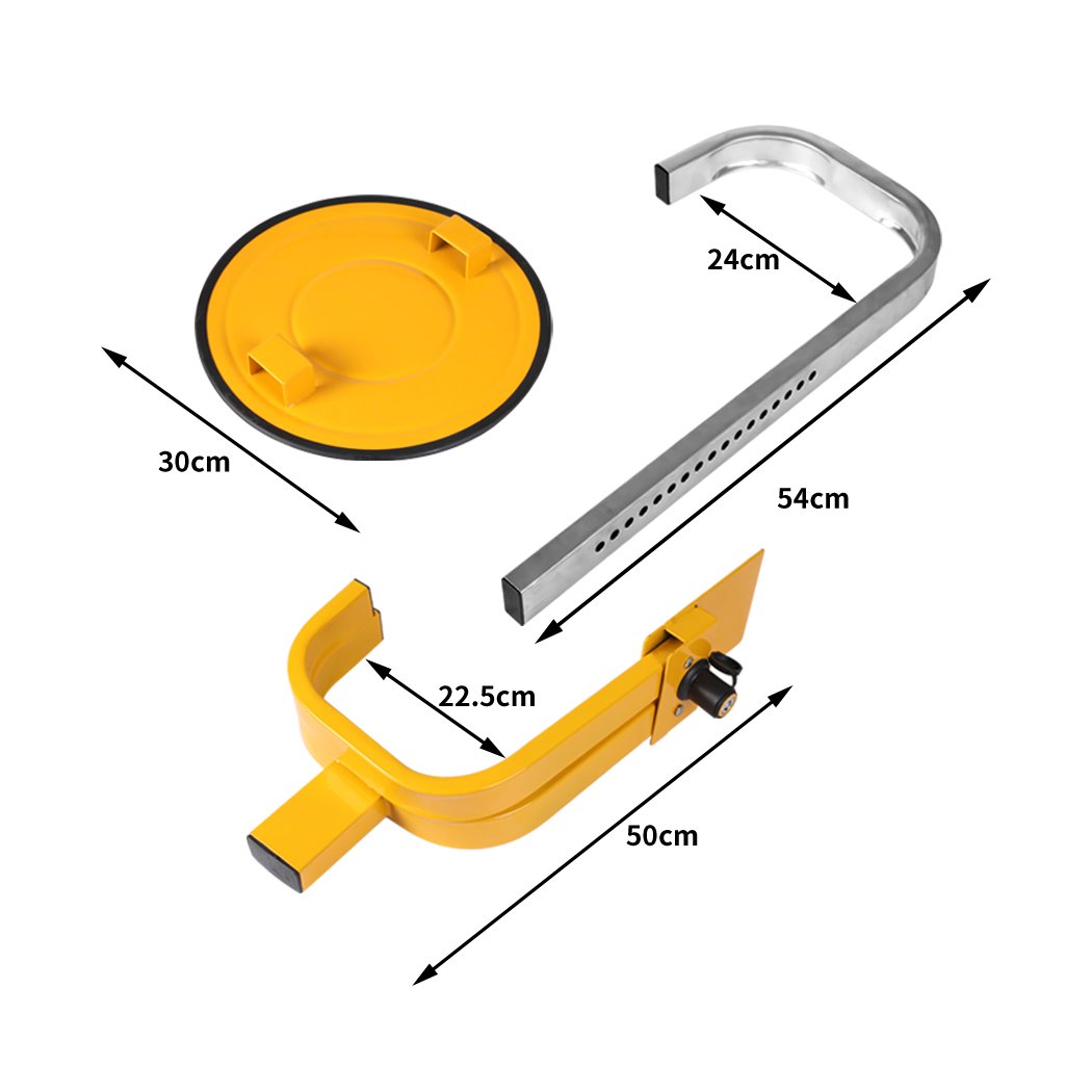 Heavy-duty yellow wheel lock clamp designed for vehicle security, featuring an adjustable locking system and two keys.