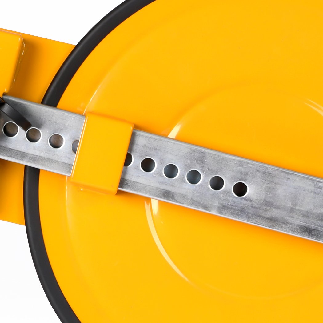 Heavy-duty yellow wheel lock clamp designed for vehicle security, featuring an adjustable locking system and two keys.