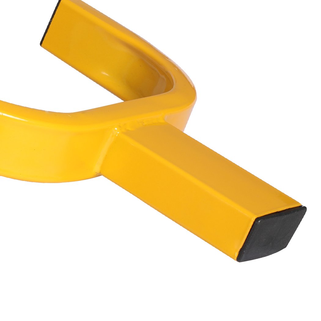 Heavy-duty yellow wheel lock clamp designed for vehicle security, featuring an adjustable locking system and two keys.