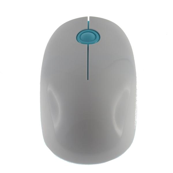 White and blue ergonomic wireless mouse with three keys, designed for comfort and style.