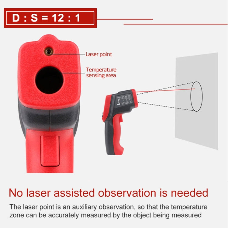 Wintact WT900 handheld infrared thermometer with LCD display, measuring temperatures from -50°C to 950°C, ideal for outdoor use.