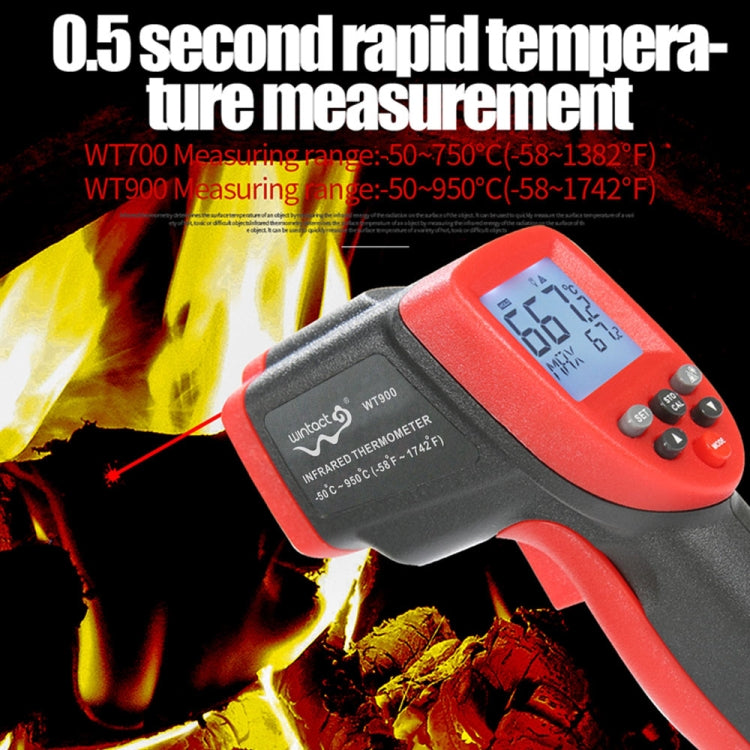 Wintact WT900 handheld infrared thermometer with LCD display, measuring temperatures from -50°C to 950°C, ideal for outdoor use.