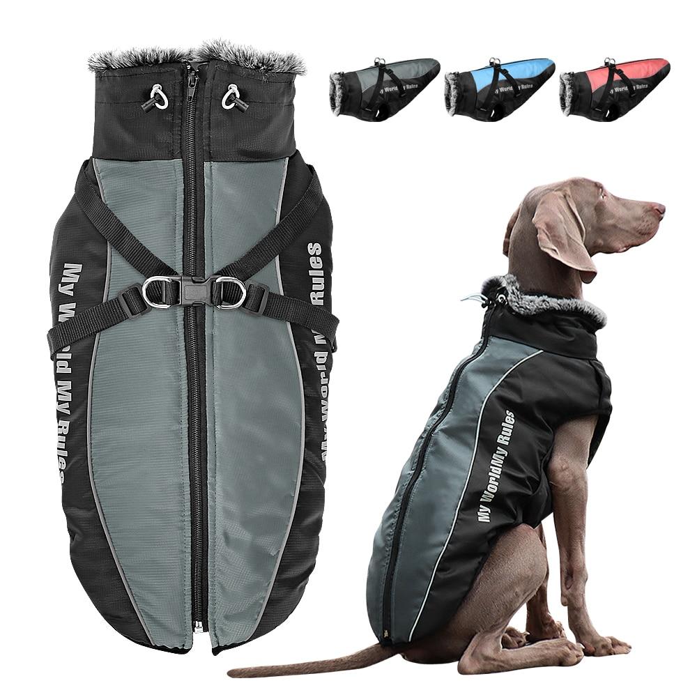 Reflective winter dog jacket in blue, gray, and pink, featuring a high collar and harness rope for large dogs.