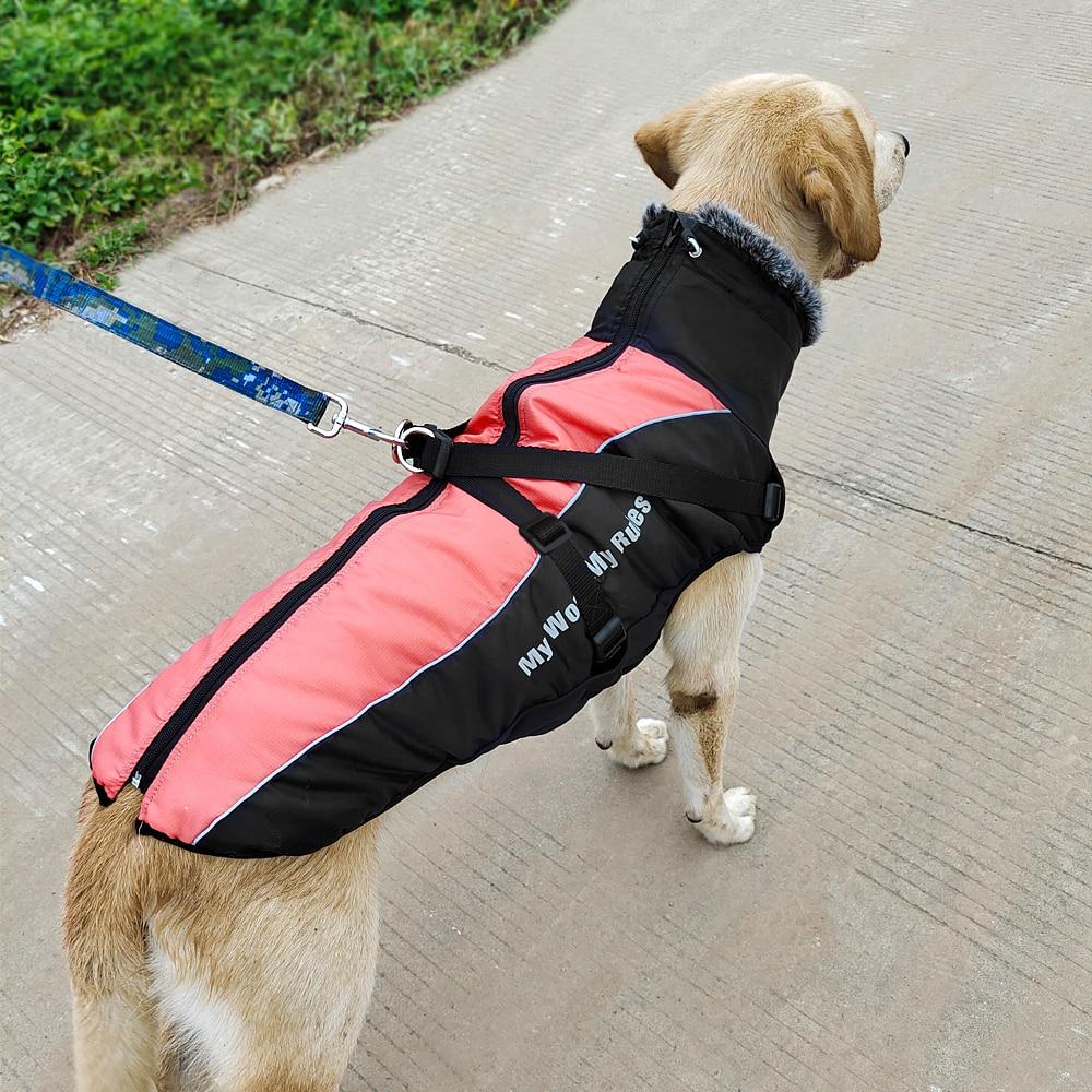 Reflective winter dog jacket in blue, gray, and pink, featuring a high collar and harness rope for large dogs.