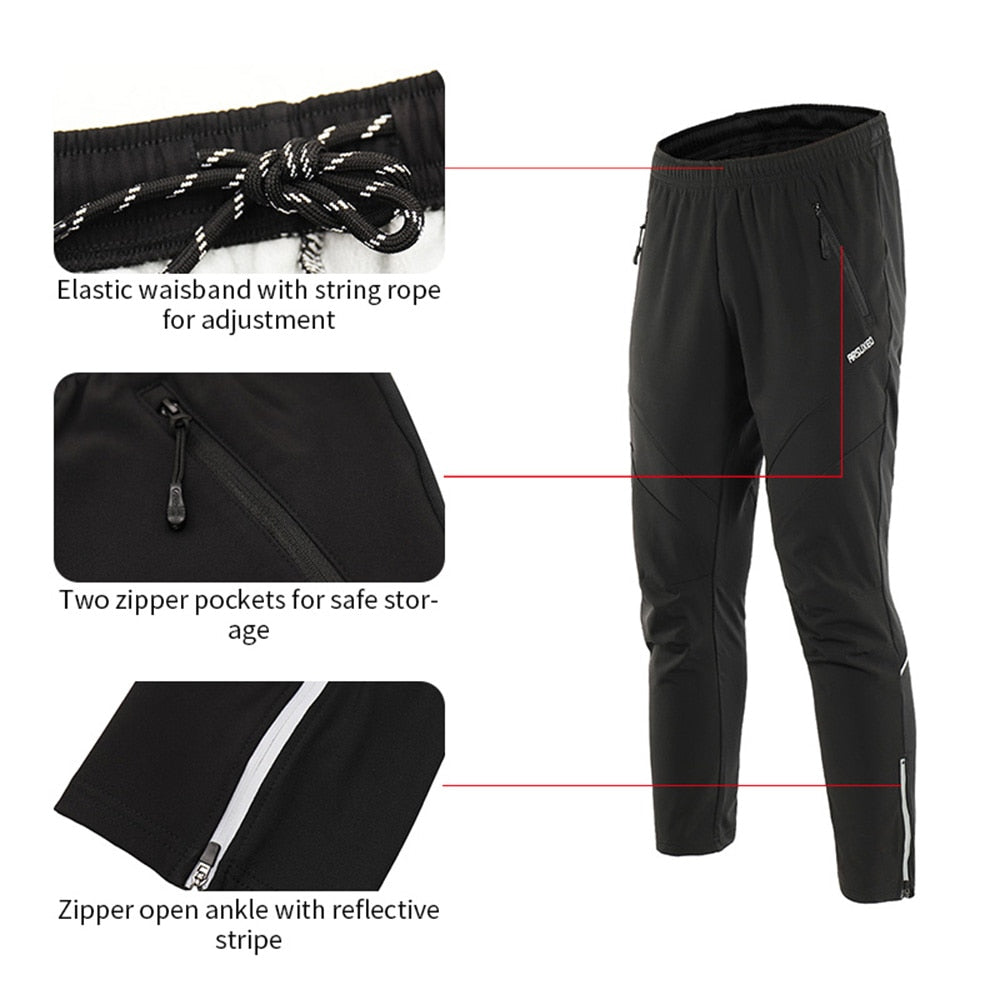 Men's Winter Warm Up Thermal Fleece trousers designed for cycling and running, featuring a drawstring closure and windproof material.