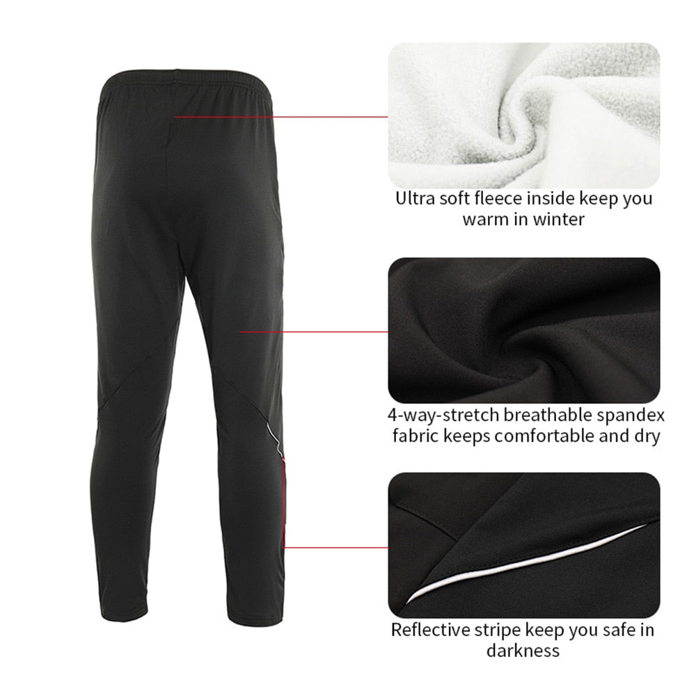 Men's Winter Warm Up Thermal Fleece trousers designed for cycling and running, featuring a drawstring closure and windproof material.