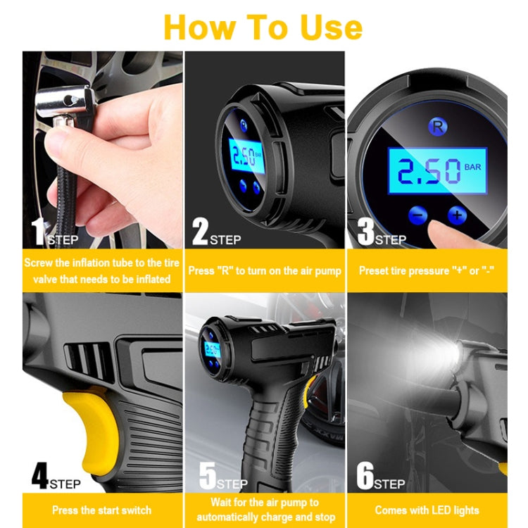 Wireless Digital Display 120W Car Air Pump Compressor Tire Inflator with LED light and digital pressure gauge.